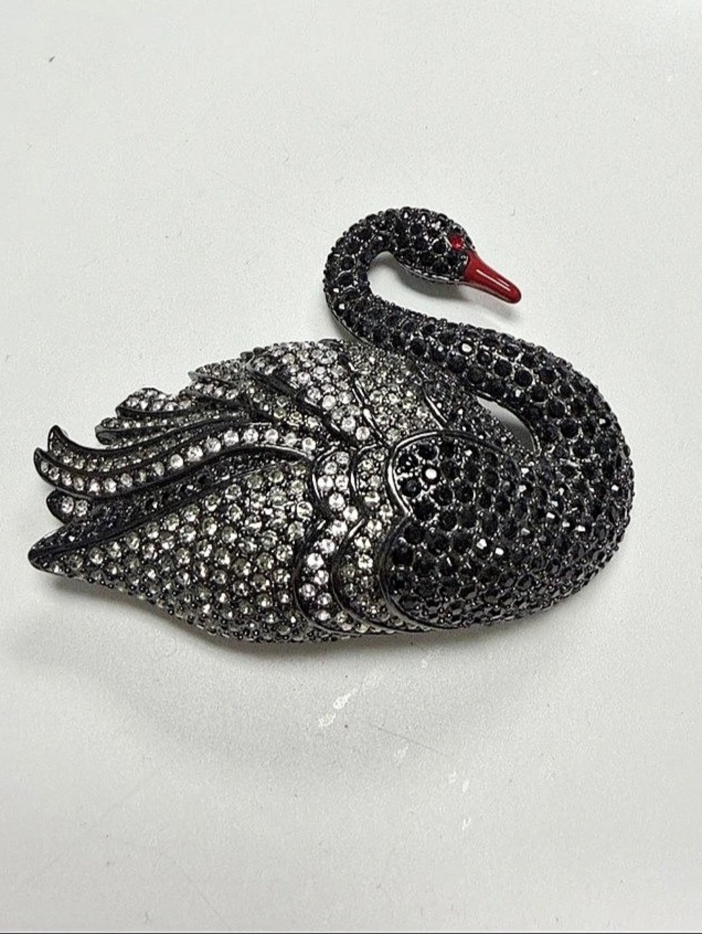 Joan Rivers Swan Rhinestone Brooch in Black & Red